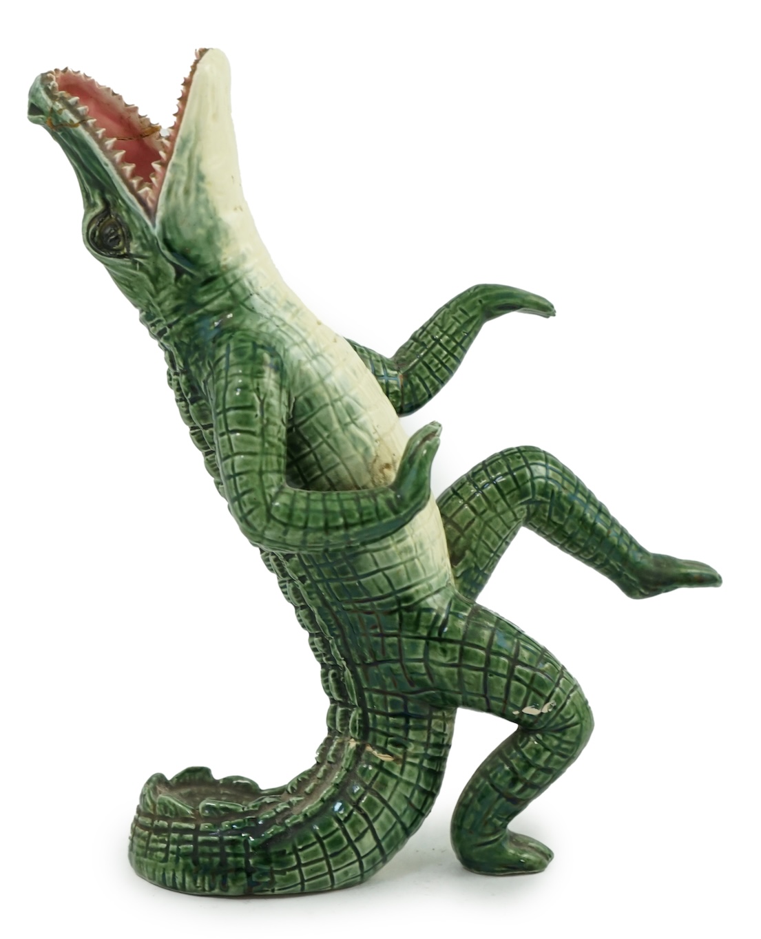 A late 19th century Continental majolica vase, in the form of a dancing crocodile